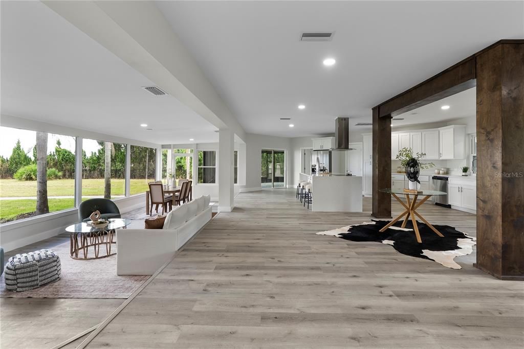 Dining room, Interior, Kitchen, Living room, Recessed Lighting, Wood Texture Flooring