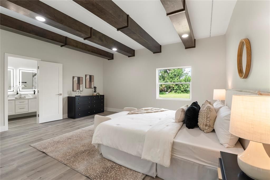 Bedroom, Interior, Recessed Lighting, Wooden Beams, Wood Texture Flooring