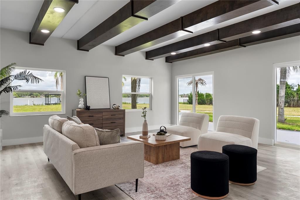Interior, Living room, Recessed Lighting, Wooden Beams, Wood Texture Flooring