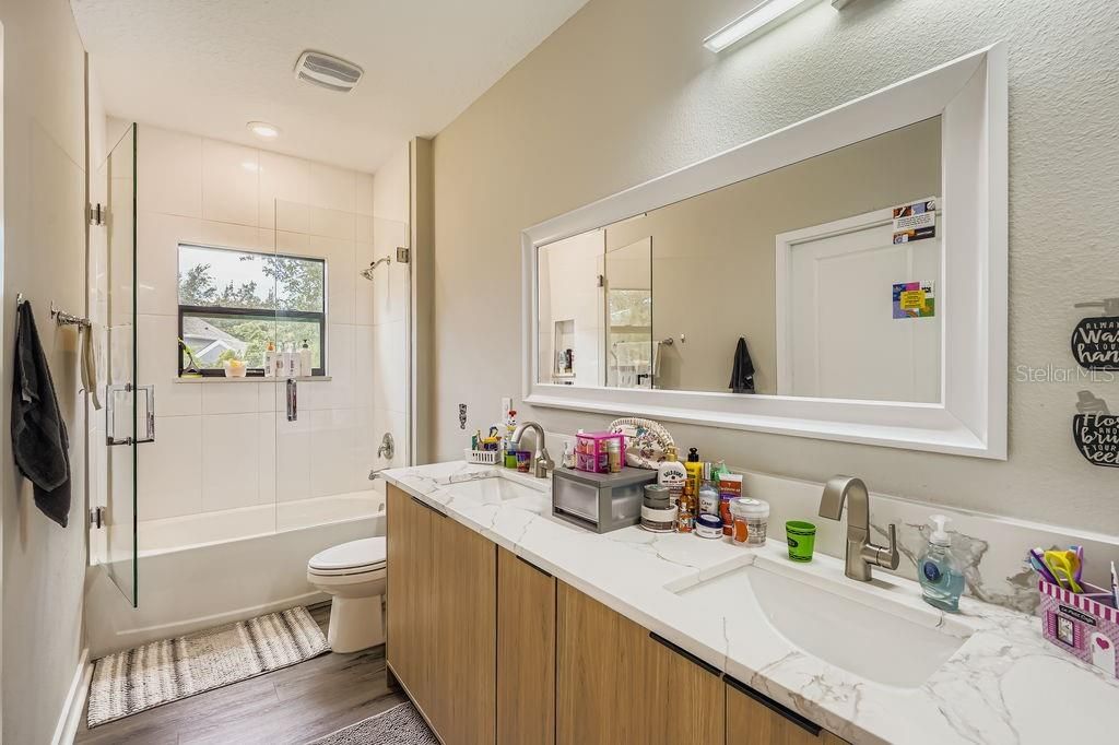 Bathroom, Glass Shower, Interior, Recessed Lighting, Wood Texture Flooring