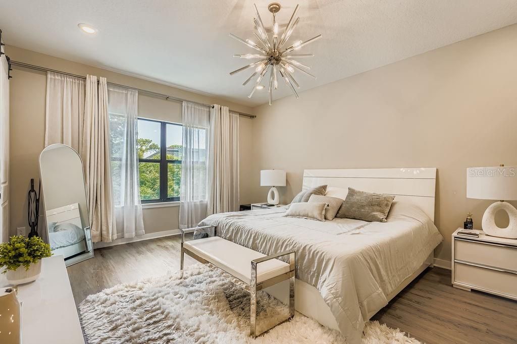 Bedroom, Interior, Pendant Lights, Recessed Lighting, Wood Texture Flooring