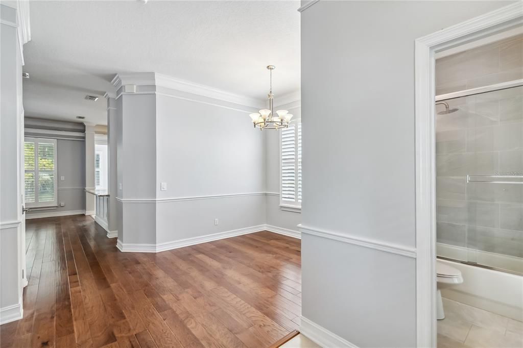 Bathroom, Chandelier, Empty room, Interior, Wood Texture Flooring