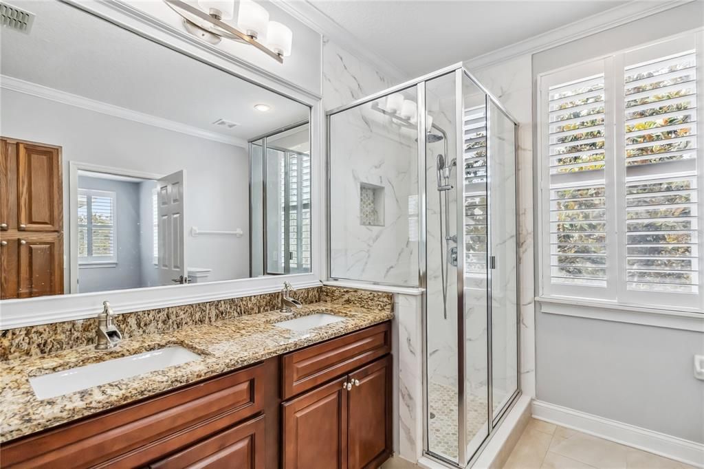 Bathroom, Glass Shower, Interior, Marble Walls, Recessed Lighting