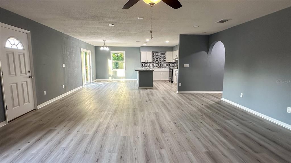 Empty room, Interior, Kitchen, Pendant Lights, Recessed Lighting, Wood Texture Flooring