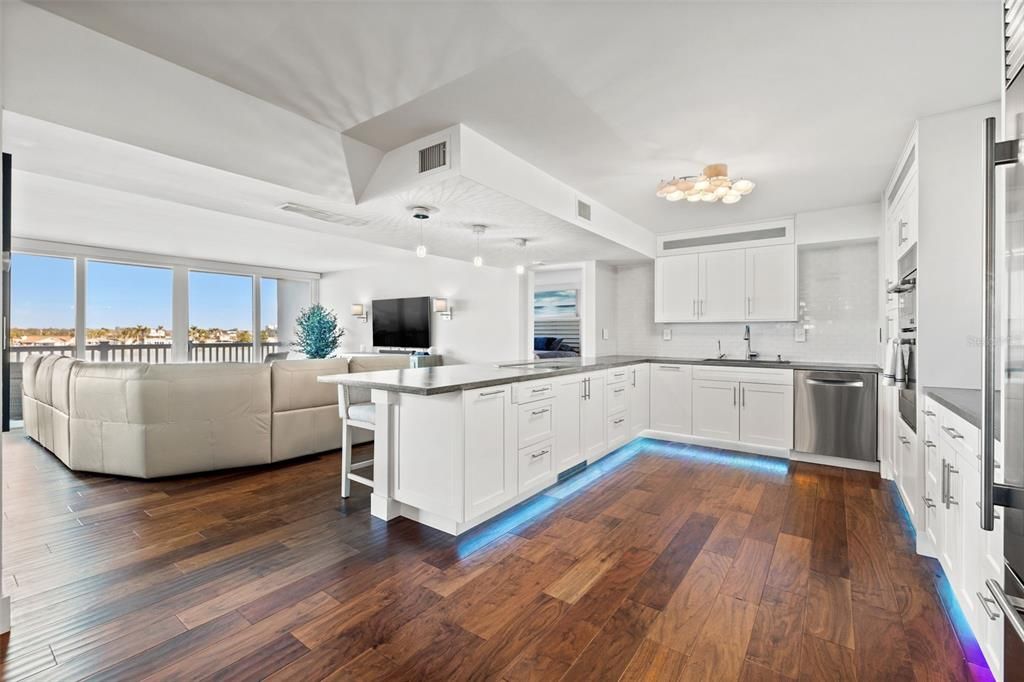 Interior, Kitchen, Living room, Stainless Steel Appliances, Wood Texture Flooring