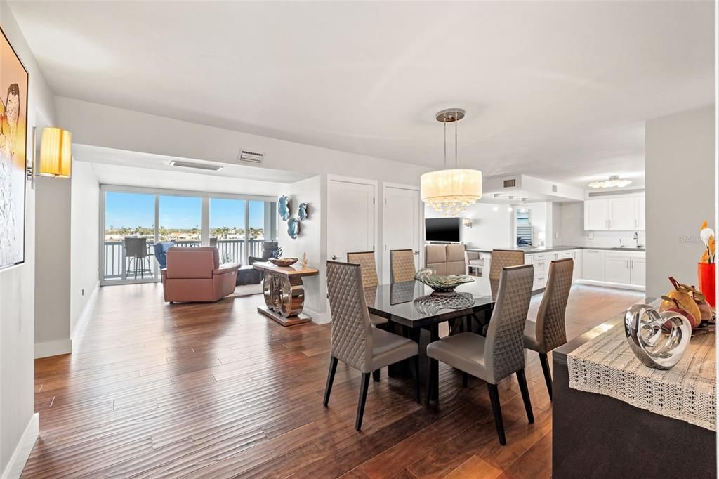 Dining room, Interior, Kitchen, Living room, Pendant Lights, Wood Texture Flooring