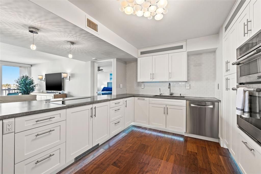 Interior, Kitchen, Pendant Lights, Stainless Steel Appliances, Wood Texture Flooring