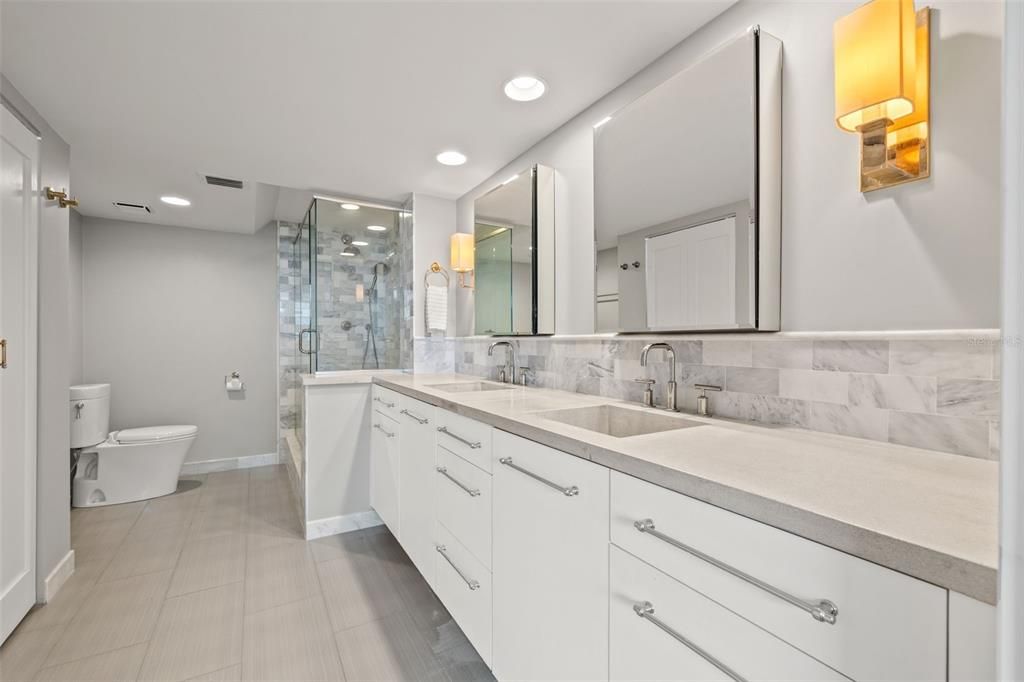 Bathroom, Dual Sink Vanities, Glass Shower, Interior, Recessed Lighting