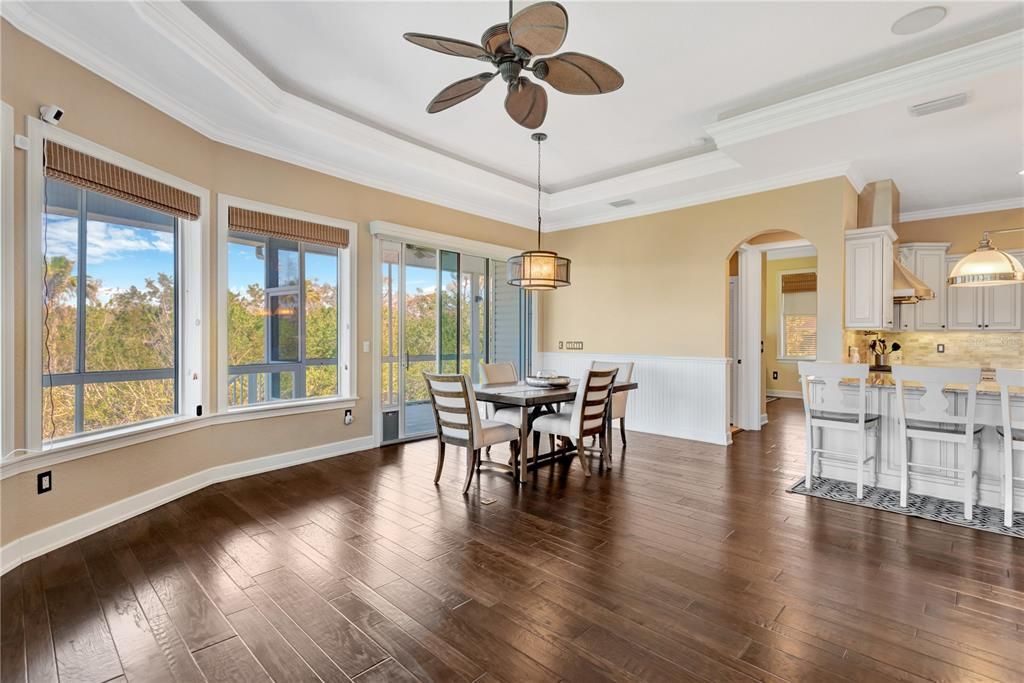 Dining room, Interior, Kitchen, Pendant Lights, Recessed Lighting, Wood Texture Flooring