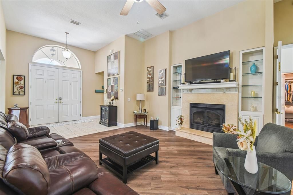 Fireplace, Interior, Living room, Pendant Lights, Wood Texture Flooring