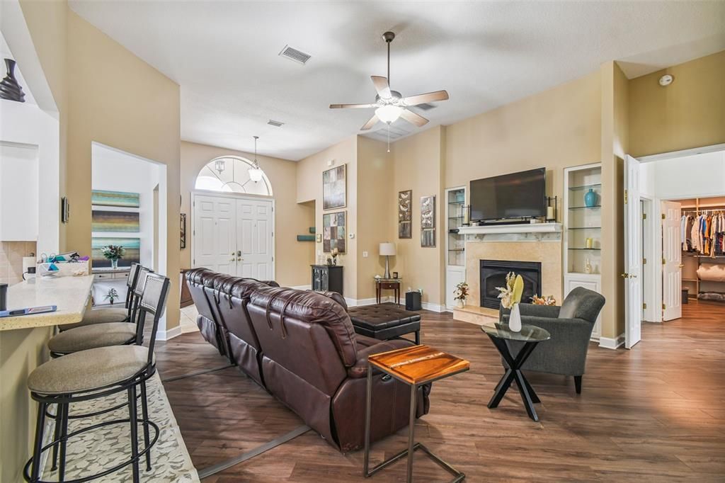Fireplace, Interior, Living room, Pendant Lights, Wood Texture Flooring