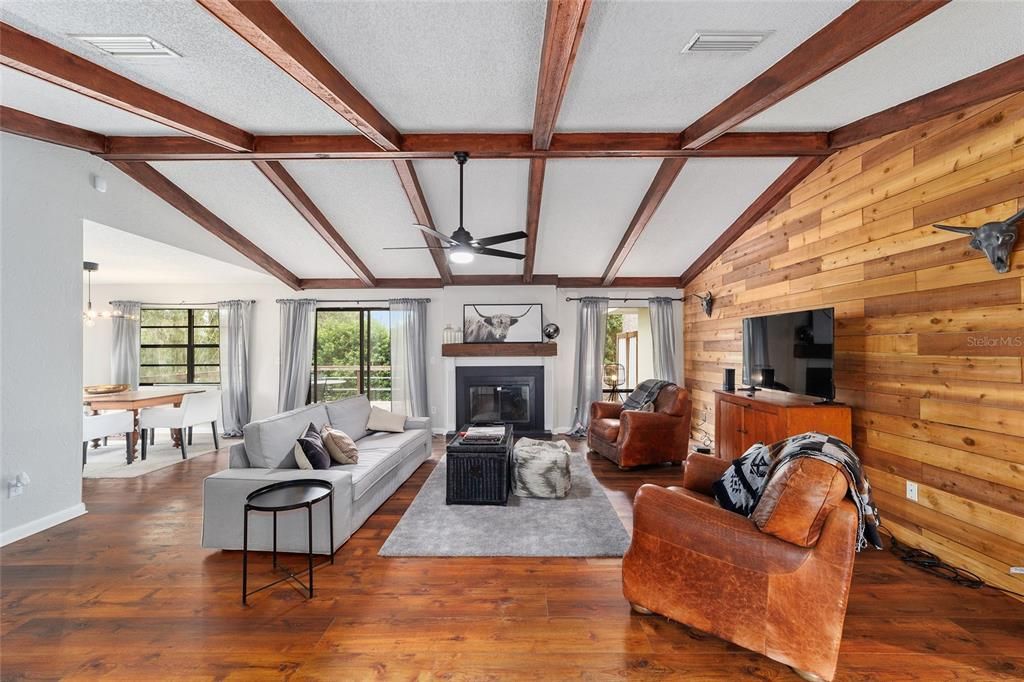 Dining room, Fireplace, Interior, Living room, Wooden Beams, Wood Texture Flooring, Wooden Walls