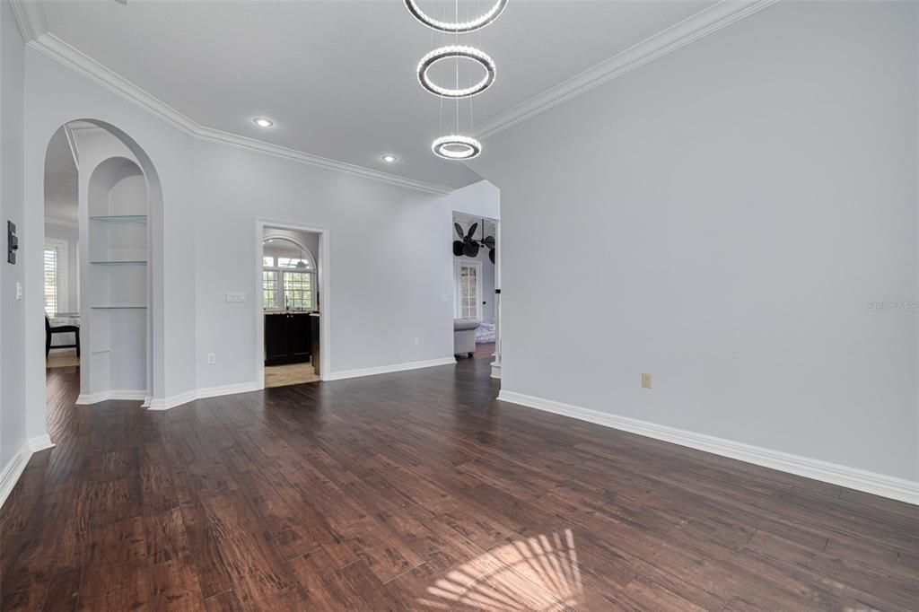 Empty room, Interior, Pendant Lights, Recessed Lighting, Wood Texture Flooring