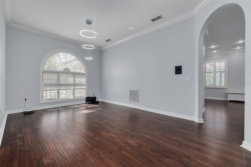 Empty room, Interior, Pendant Lights, Recessed Lighting, Wood Texture Flooring