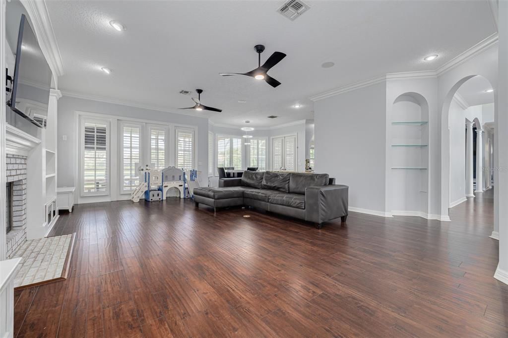 Fireplace, Interior, Living room, Recessed Lighting, Wood Texture Flooring