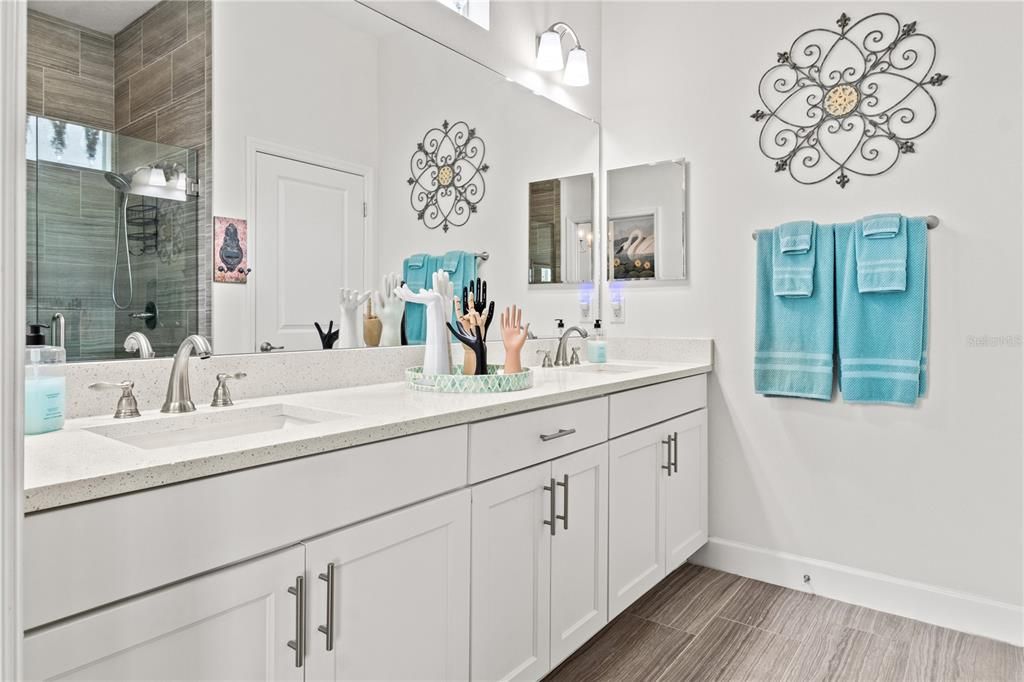 Bathroom, Dual Sink Vanities, Glass Shower, Interior, Wood Texture Flooring
