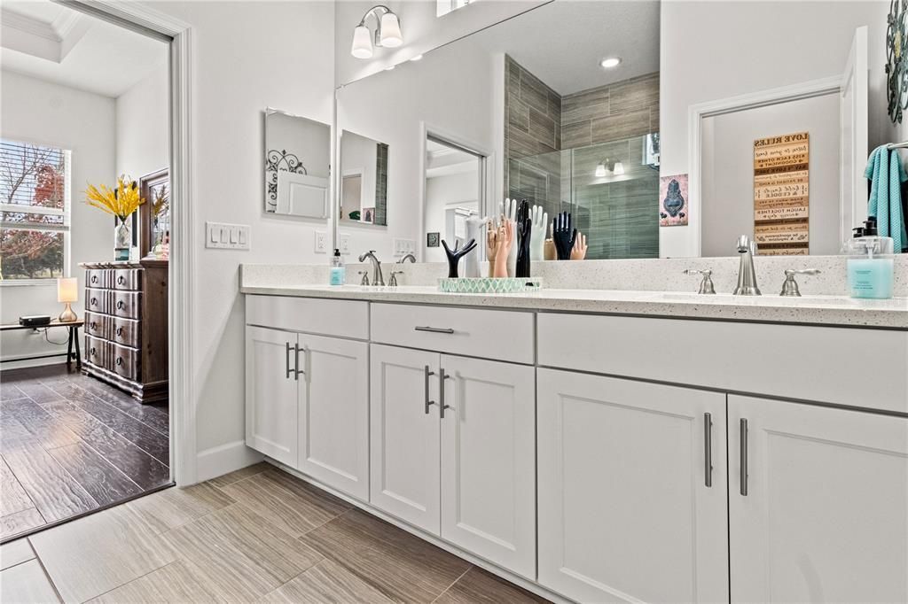 Bathroom, Dual Sink Vanities, Interior, Recessed Lighting, Wood Texture Flooring