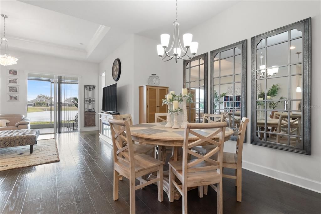 Chandelier, Dining room, Interior, Wood Texture Flooring