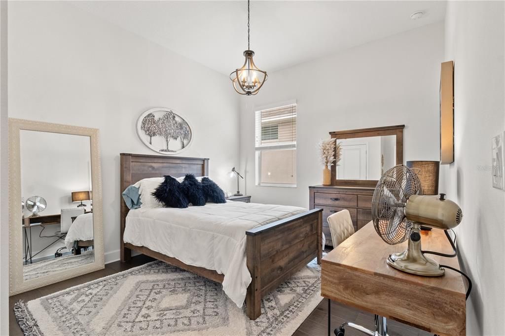 Bedroom, Interior, Pendant Lights, Wood Texture Flooring