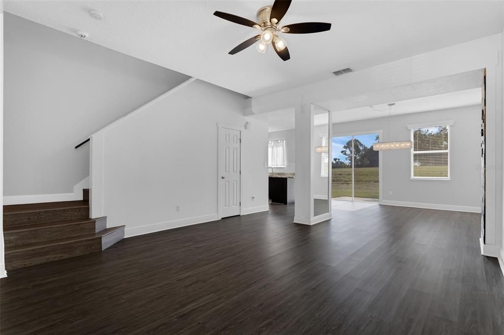 Chandelier, Empty room, Interior, Pendant Lights, Wood Texture Flooring