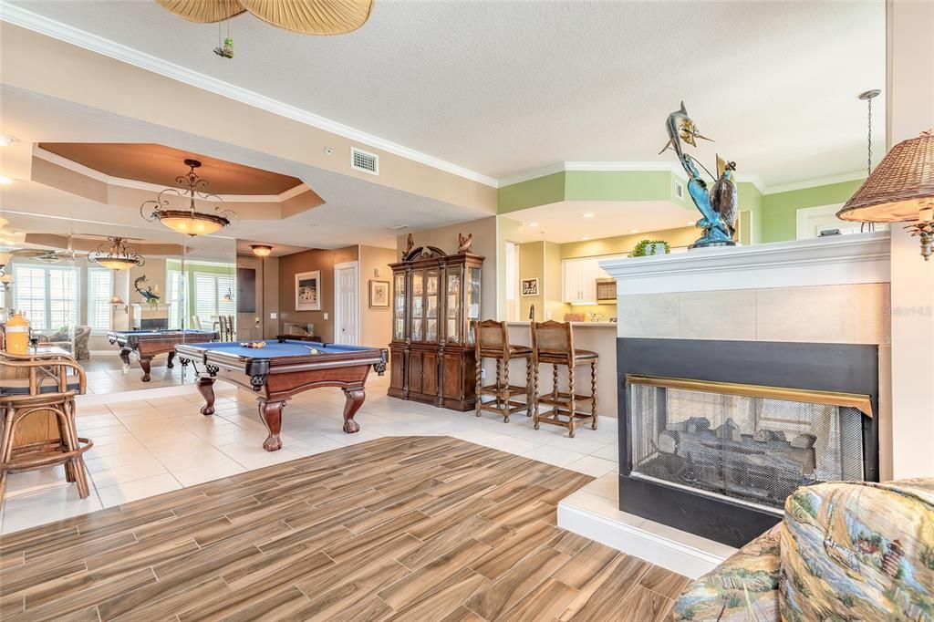 Billiard Table, Fireplace, Game Room, Interior, Pendant Lights, Recessed Lighting, Wood Texture Flooring