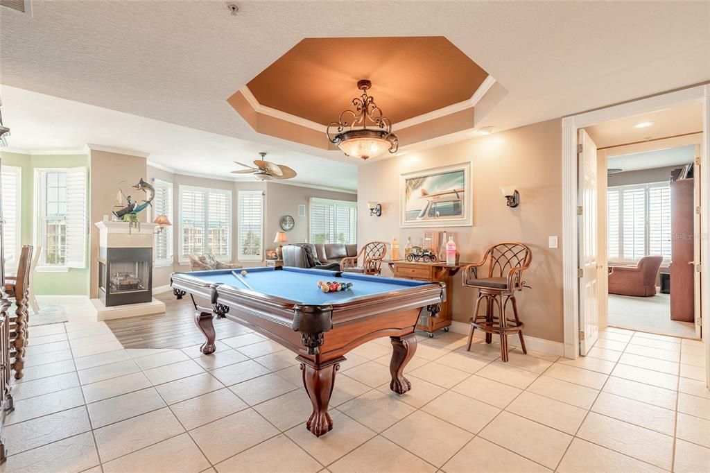 Billiard Table, Fireplace, Game Room, Interior, Pendant Lights, Recessed Lighting