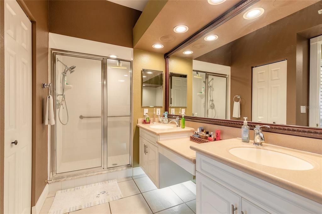 Bathroom, Dual Sink Vanities, Glass Shower, Interior, Recessed Lighting