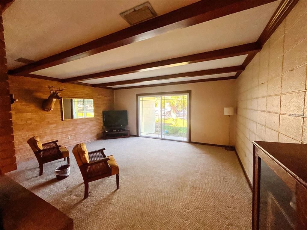 Empty room, Fireplace, Interior, Stone Walls, Wooden Beams