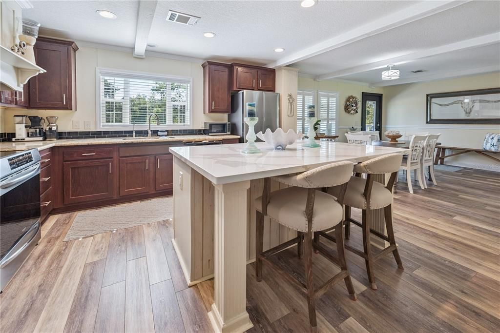 Dining room, Interior, Kitchen, Recessed Lighting, Wood Texture Flooring