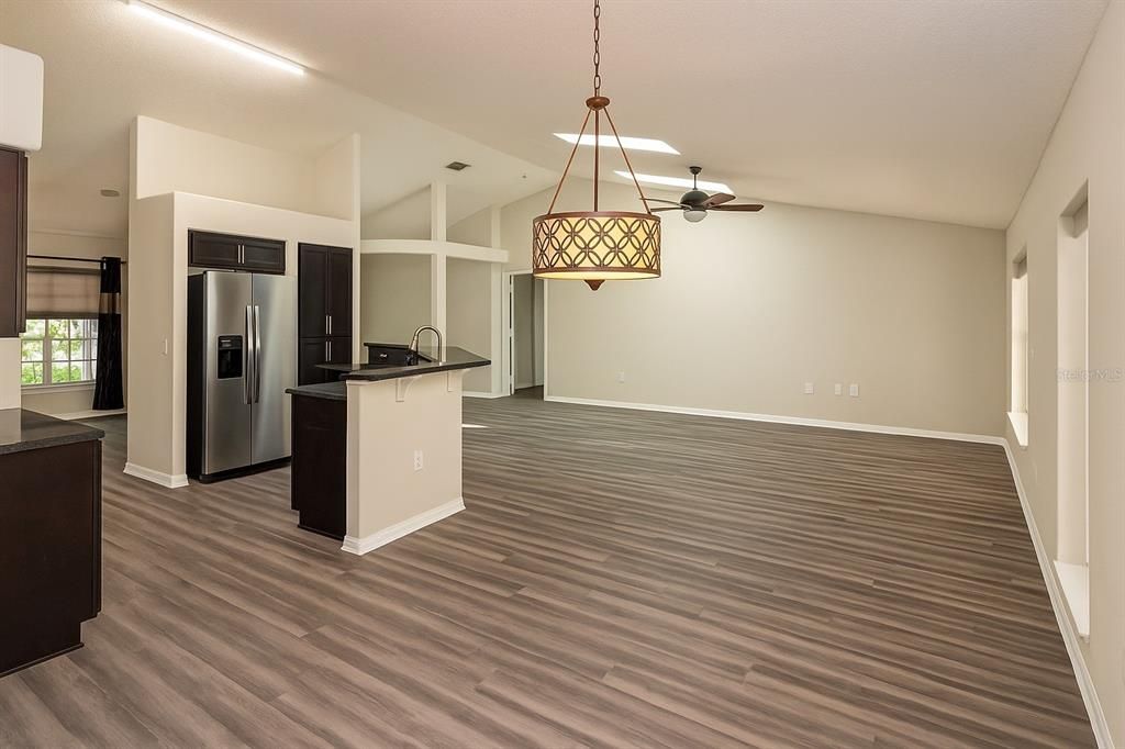 Interior, Kitchen, Pendant Lights, Stainless Steel Appliances, Wood Texture Flooring