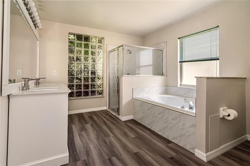 Bathroom, Glass Shower, Interior, Wood Texture Flooring