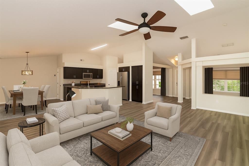Dining room, Interior, Kitchen, Living room, Pendant Lights, Recessed Lighting, Stainless Steel Appliances, Wood Texture Flooring