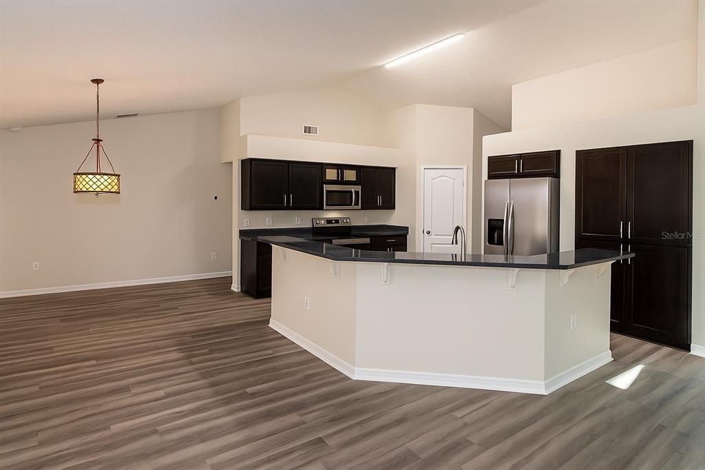 Interior, Kitchen, Pendant Lights, Stainless Steel Appliances, Wood Texture Flooring