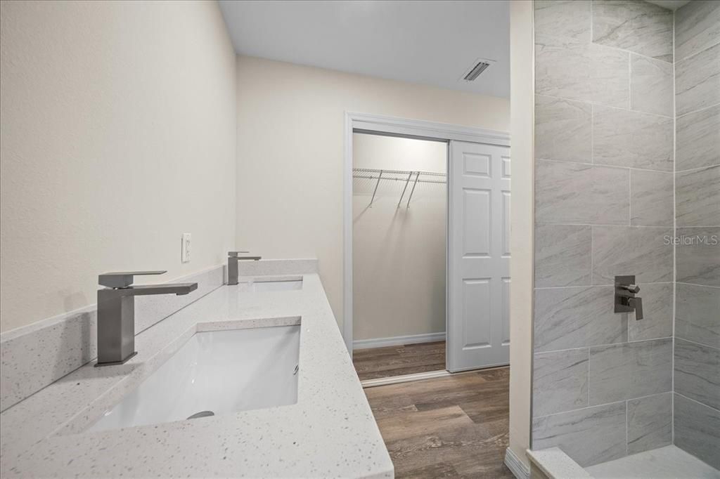 Bathroom, Interior, Marble Walls, Wood Texture Flooring