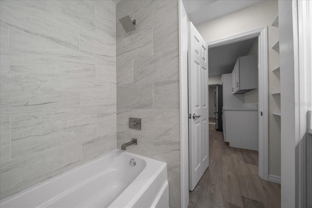 Bathroom, Interior, Marble Walls, Wood Texture Flooring