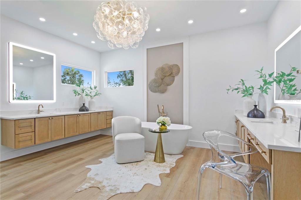 Bathroom, Chandelier, Free Standing Baths, Interior, Recessed Lighting, Wood Texture Flooring