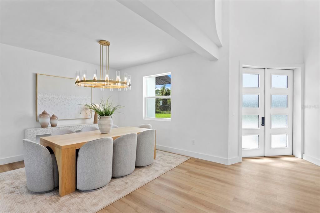 Dining room, Interior, Pendant Lights, Wood Texture Flooring