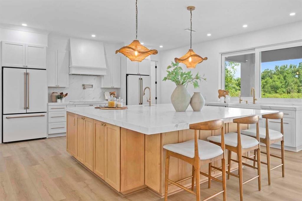 Interior, Kitchen, Marble Walls, Pendant Lights, Recessed Lighting, Wood Texture Flooring