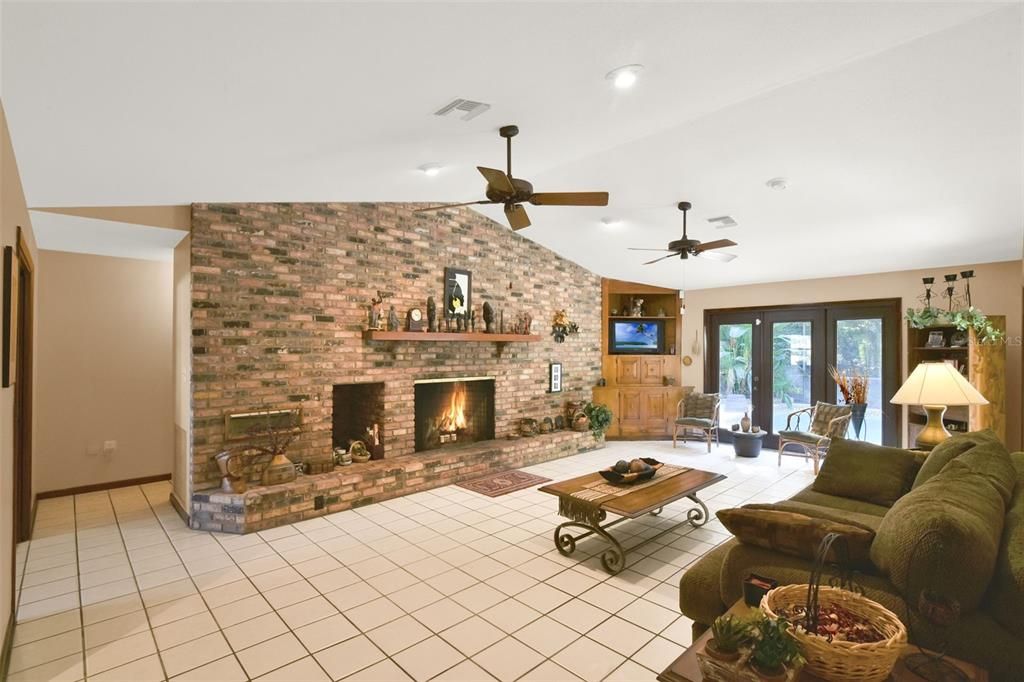 Fireplace, Interior, Living room, Recessed Lighting, Stone Walls