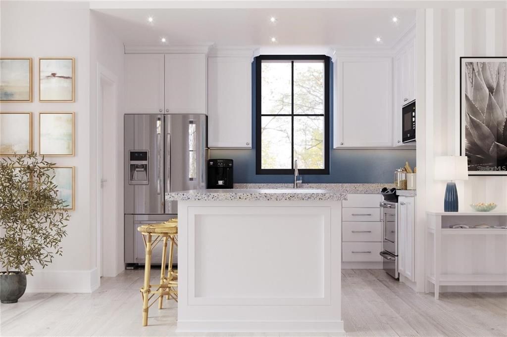 Interior, Kitchen, Recessed Lighting, Wood Texture Flooring