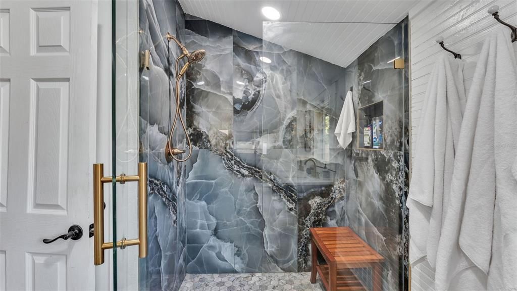 Bathroom, Glass Shower, Interior, Marble Walls, Recessed Lighting
