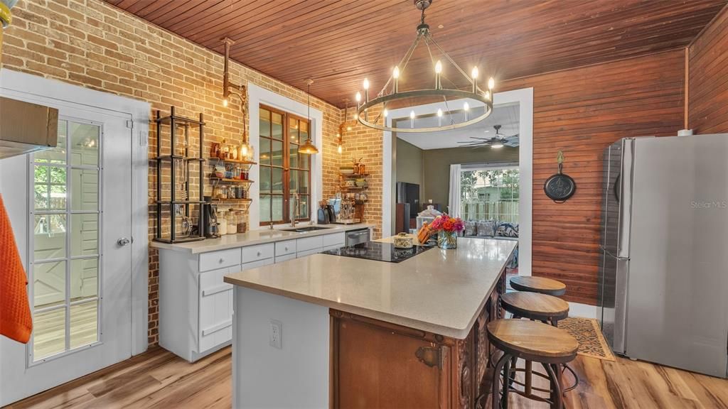 Chandelier, Interior, Kitchen, Stone Walls, Wooden Ceilings, Wood Texture Flooring, Wooden Walls