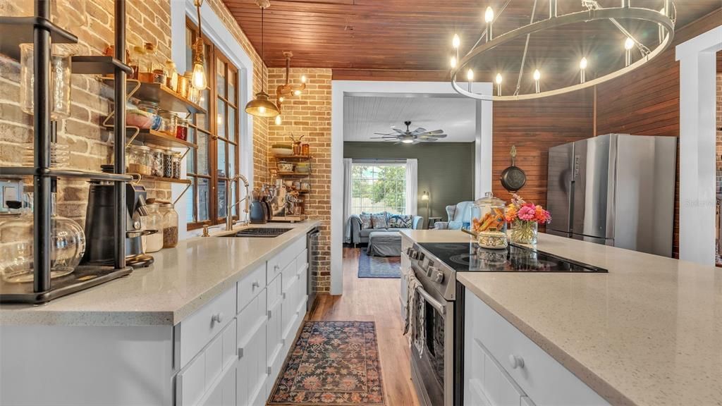 Interior, Kitchen, Living room, Pendant Lights, Stone Walls, Wooden Ceilings, Wood Texture Flooring, Wooden Walls