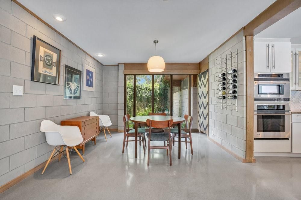 Dining room, Interior, Kitchen, Recessed Lighting, Stainless Steel Appliances, Stone Walls