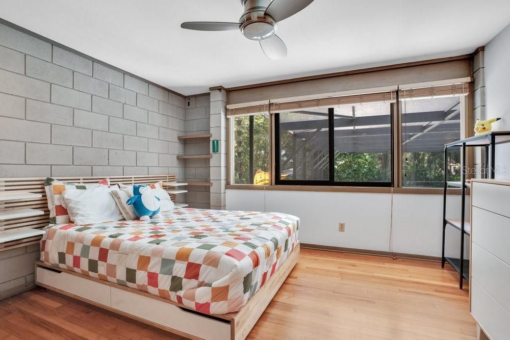 Bedroom, Interior, Stone Walls, Wood Texture Flooring
