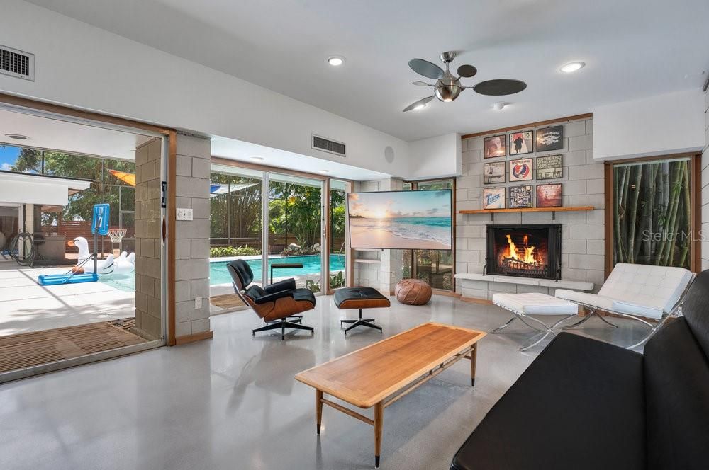 Fireplace, Interior, Living room, Recessed Lighting, Stone Walls