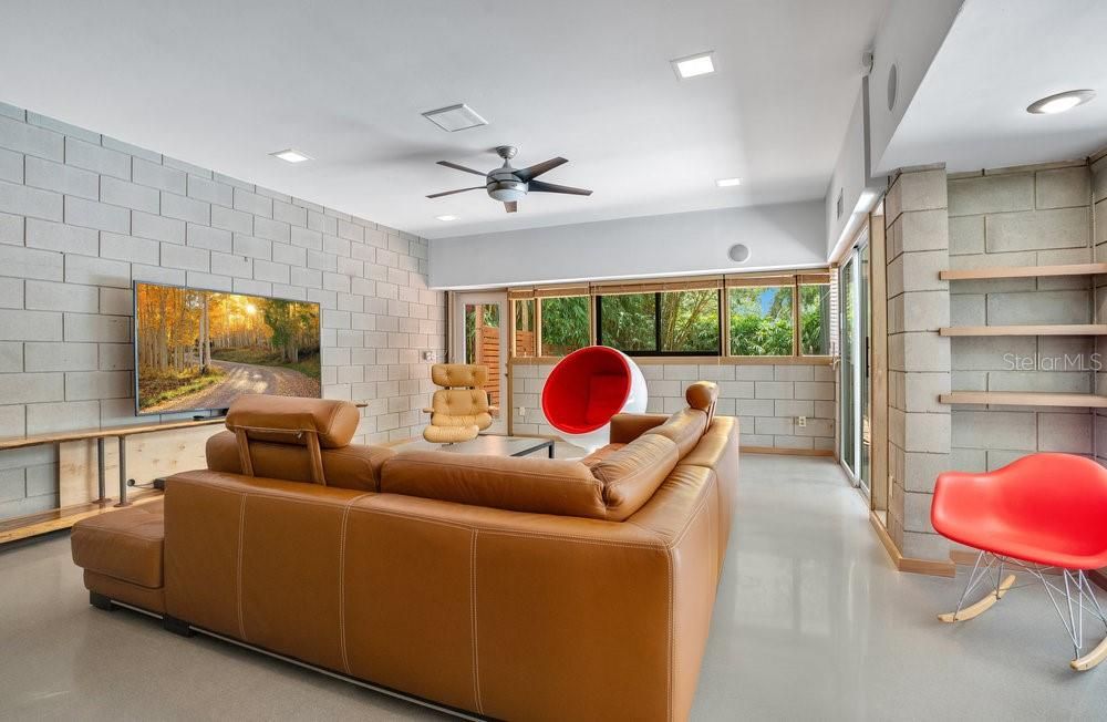 Interior, Living room, Recessed Lighting, Stone Walls