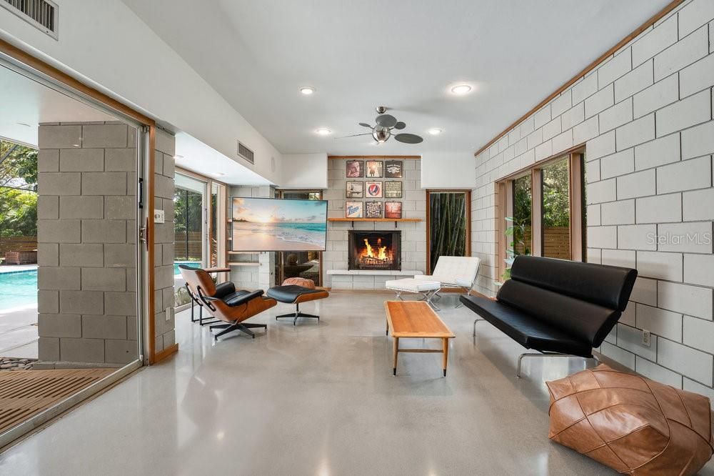 Fireplace, Interior, Living room, Recessed Lighting, Stone Walls