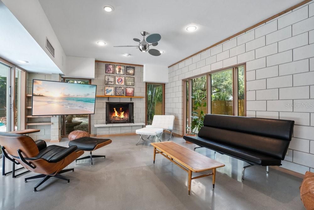 Fireplace, Interior, Living room, Recessed Lighting, Stone Walls