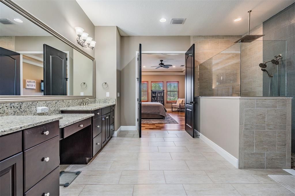 Bathroom, Bedroom, Dual Sink Vanities, Glass Shower, Interior, Recessed Lighting, Wood Texture Flooring